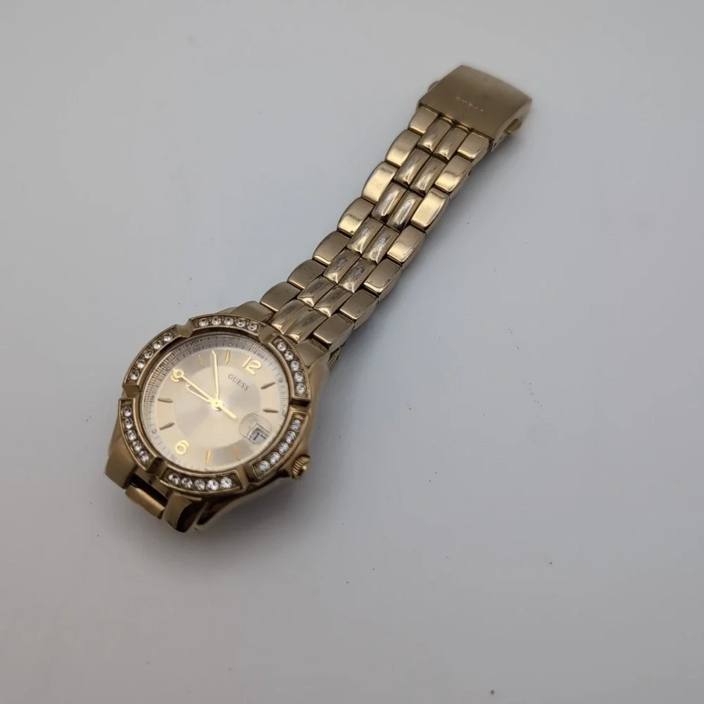 Guess Women's UB5110L1 Waterpro Analog/Date Watch. Gold Tone w Crystal, Works.
